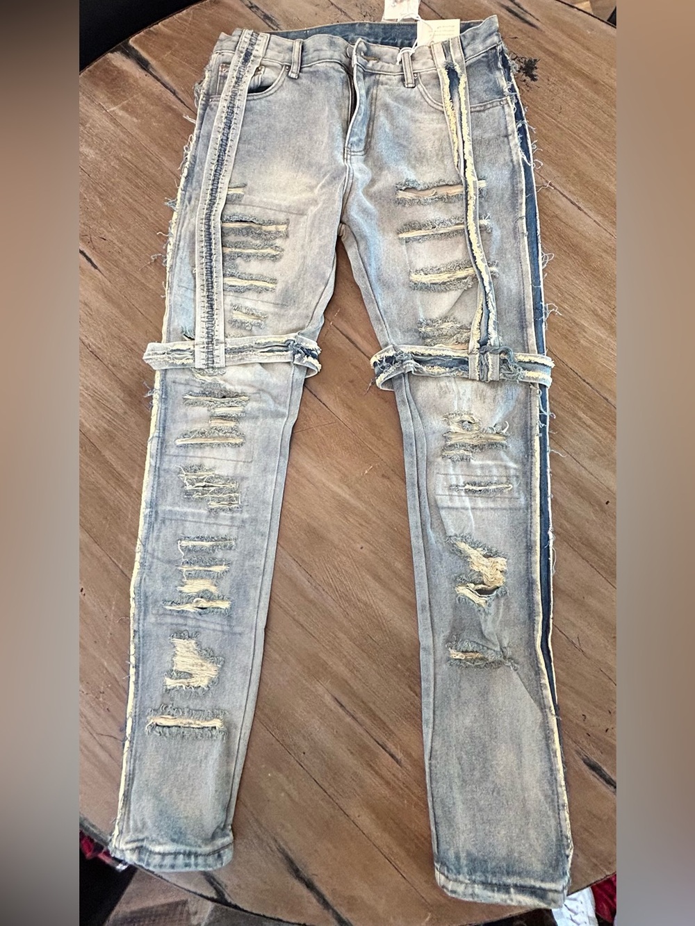 MNML Light Blue Distressed Skinny Jeans with Side Stripe